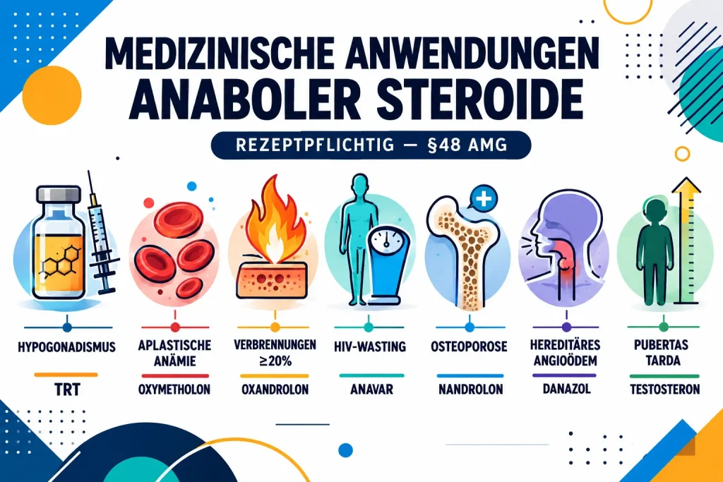 Infografik der medizinischen Indikationen anaboler Steroide: TRT bei Hypogonadismus, Oxymetholon bei aplastischer Anämie, Oxandrolon bei schweren Verbrennungen und HIV-Wasting, Nandrolon bei Osteoporose, Danazol bei hereditärem Angioödem und Testosteron bei verzögerter Pubertät — alles rezeptpflichtig nach §48 AMG