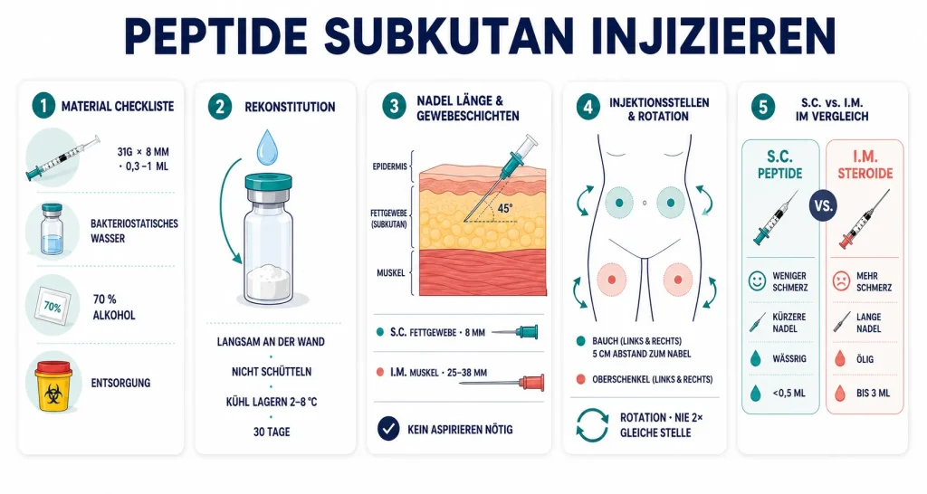 Infografik im flachen Vektorstil, die fünf Aspekte der subkutanen Peptid-Injektion zeigt: benötigtes Material mit Insulinspritze 31G, Rekonstitution mit bakteriostatischem Wasser, Hautquerschnitt mit Nadelwinkel 45° ins Fettgewebe, Rotation der vier Injektionsstellen und Vergleich subkutan vs. intramuskulär.