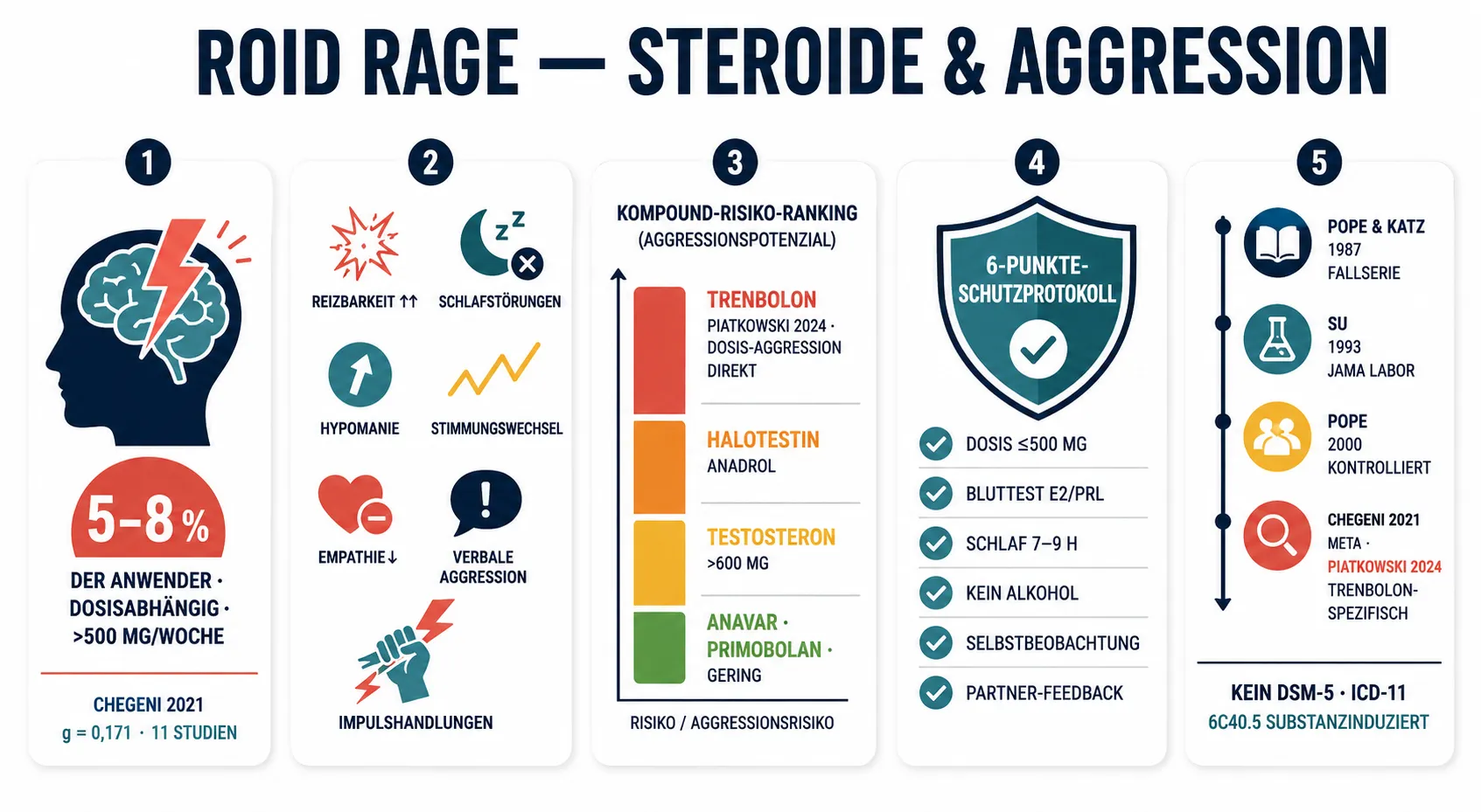 Infografik im flachen Vektorstil, die fünf Aspekte von Roid Rage zeigt: Häufigkeit 5–8 % der Anwender mit Meta-Analyse-Evidenz, sieben typische Symptome, Substanz-Risiko-Ranking von Trenbolon bis Anavar, 6-Punkte-Schutzprotokoll und Forschungshistorie von Pope 1987 bis Piatkowski 2024.