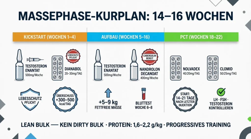 Flat Vector Infografik des vollständigen Massephase-Kurplans über 14–16 Wochen: Kickstart-Phase mit Testosteron Enantat 500mg/Woche und Dianabol 20–30mg/Tag plus Leberschutz und Kalorienüberschuss 300–500 kcal, Aufbauphase mit Testosteron und Nandrolon Decanoat 400mg/Woche plus Cabergolin bereithalten und Bluttest in Woche 6–8, PCT-Phase mit Nolvadex 40/20mg und Clomid 50/25mg ab 14–21 Tage nach letzter Injektion — realistischer Zuwachs 5–9 kg fettfreie Masse bei Lean Bulk mit 1,6–2,2 g Protein pro Kilogramm Körpergewicht