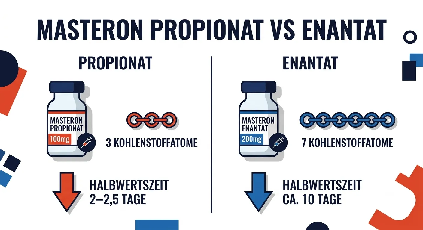 Vergleichsgrafik Masteron Propionat und Enantat mit Ester-Kettenlänge und Halbwertszeit im flachen Vektorstil