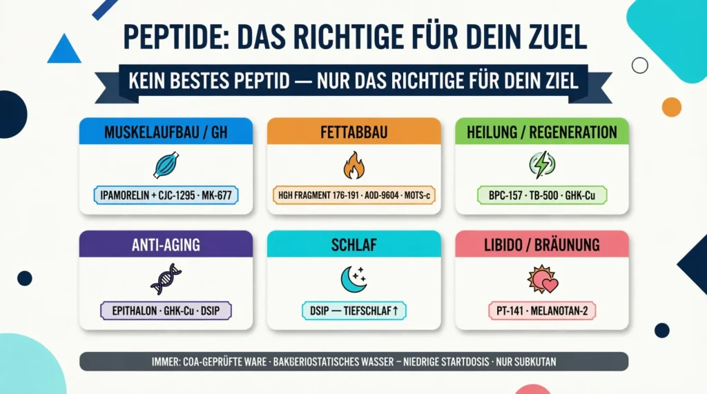 Flat Vector Infografik des Peptid-Auswahlguides nach Ziel: sechs farbige Zielkarten — Muskelaufbau/GH mit Ipamorelin, CJC-1295 und MK-677; Fettabbau mit HGH Fragment 176-191, AOD-9604 und MOTS-c; Heilung und Regeneration mit BPC-157, TB-500 und GHK-Cu; Anti-Aging mit Epithalon, GHK-Cu und DSIP; Schlaf mit DSIP; Libido und Bräunung mit PT-141 und Melanotan-2 — mit Referenzstrip: immer COA-geprüfte Ware, bakteriostatisches Wasser, niedrige Startdosis, nur subkutan