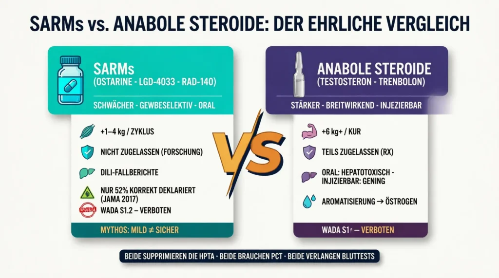 Flat Vector Vergleichsinfografik SARMs vs. Anabole Steroide: linke Karte SARMs (Ostarine, LGD-4033, RAD-140 — gewebeselektiv, oral, nicht zugelassen, nur 52% korrekt deklariert laut JAMA 2017, DILI-Leberschäden, +1–4 kg Magermasse, WADA S1.2 verboten) gegen rechte Karte Anabole Steroide (Testosteron, Trenbolon — breite Rezeptorbindung, injizierbar, teils zugelassen, +6 kg+ pro Kur, Aromatisierung zu Östrogen, WADA S1 verboten) — gemeinsamer Referenzstrip: beide supprimieren die HPTA, beide brauchen PCT und Bluttests