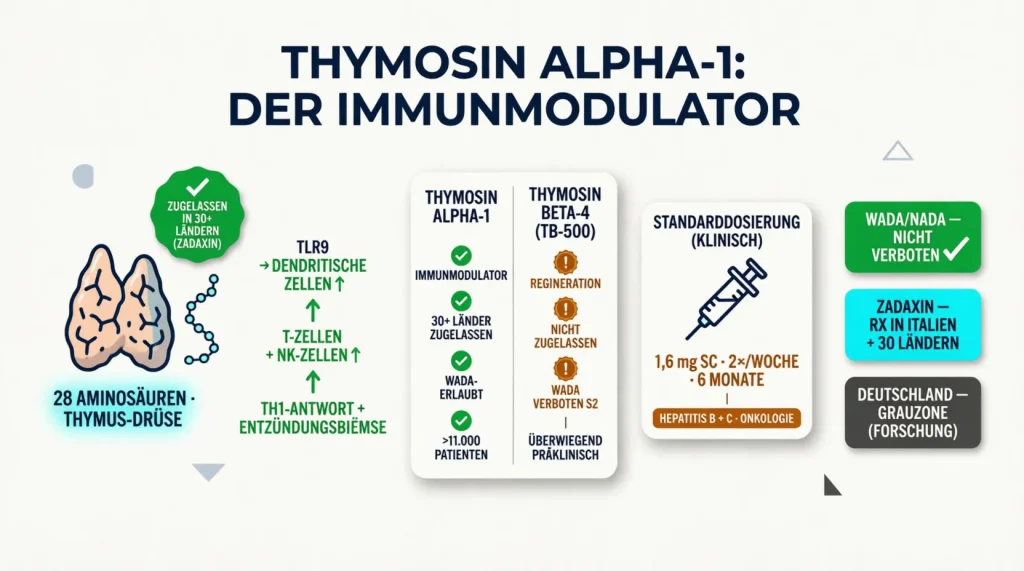 Flat Vector Infografik zu Thymosin Alpha-1 (Thymalfasin/Zadaxin): 28-Aminosäuren-Peptid aus der Thymusdrüse mit TLR9-Aktivierungsweg über dendritische Zellen, T-Zellen und NK-Zellen bis zur Th1-Verschiebung und Entzündungsbremse, direkter Vergleich mit Thymosin Beta-4/TB-500 (Immunmodulator zugelassen vs. Regenerationspeptid WADA-verboten), klinische Standarddosierung 1,6 mg subkutan zweimal wöchentlich über 6 Monate für Hepatitis B und Onkologie, sowie dreistufiger Rechtsstatus: WADA/NADA nicht verboten, Zadaxin verschreibungspflichtig in 30+ Ländern, in Deutschland Grauzone als Forschungschemikalie
