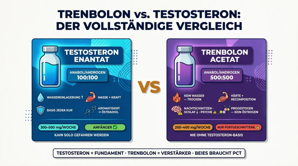Flat Vector Vergleichsinfografik Trenbolon vs. Testosteron: linke Karte Testosteron Enantat (anabol/androgen 100:100, aromatisiert zu Östradiol, Wassereinlagerung, Masse und Kraft, 300–500 mg/Woche, für Anfänger geeignet, kann solo gefahren werden) gegen rechte Karte Trenbolon Acetat (anabol/androgen 500:500, progestogen ohne Östrogen, trockener harter Look, Recomposition, Nachtschwitzen und psychische Effekte, 200–400 mg/Woche, nur Fortgeschrittene, nie ohne Testosteron-Basis) — mit Referenzstrip: Testosteron als Fundament, Trenbolon als Verstärker, beide brauchen PCT